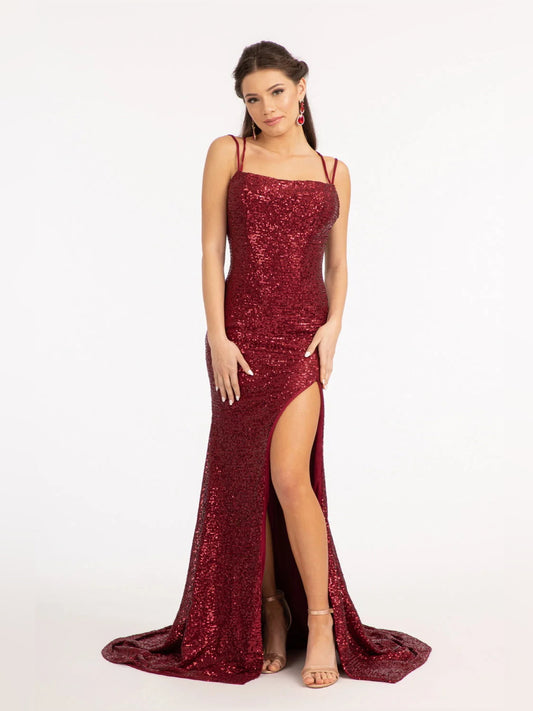 Burgundy floor-length prom dress, front view showing the mermaid silhouette