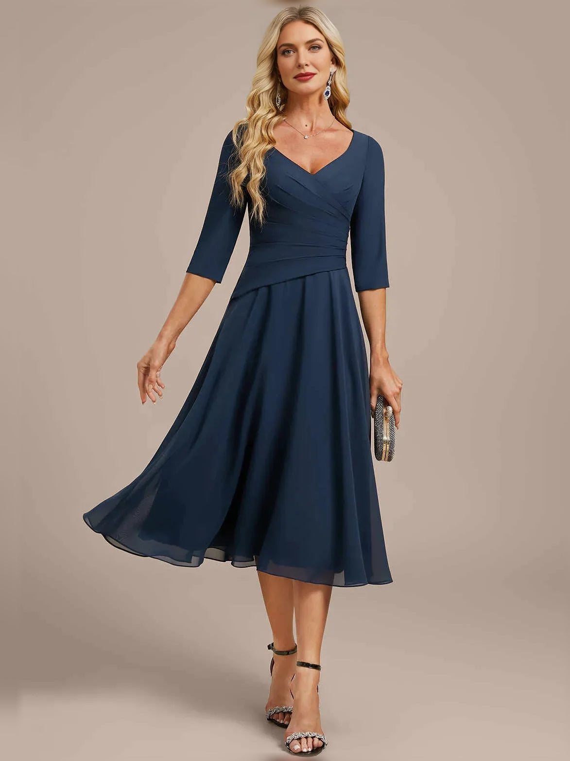 Dark Navy knee-length mother of the bride dress, front view showing the a-line silhouette