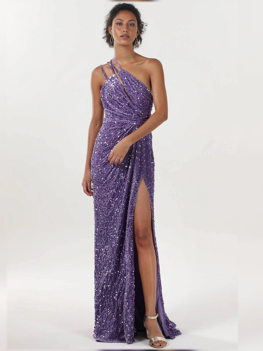 Lilac sheath floor-length formal dress with one-shoulder neckline, full-length front view