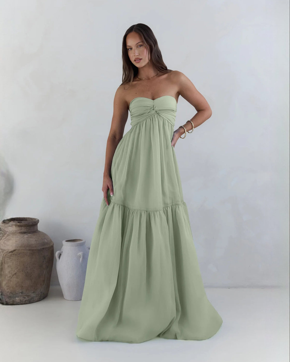 strapless chiffon a-line maxi bridesmaid dress - image 1