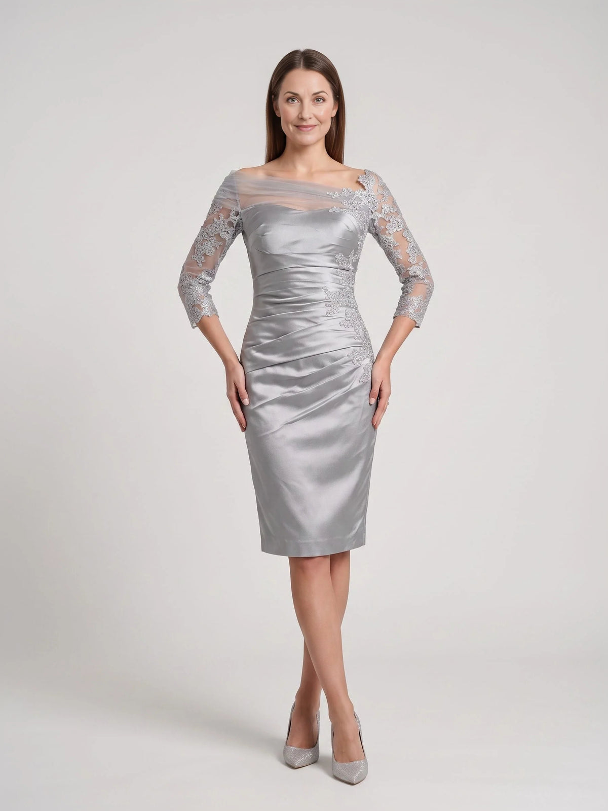 Silver knee-length mother of the bride dress, front view showing the sheath silhouette