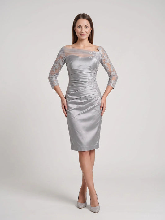 Silver knee-length mother of the bride dress, front view showing the sheath silhouette