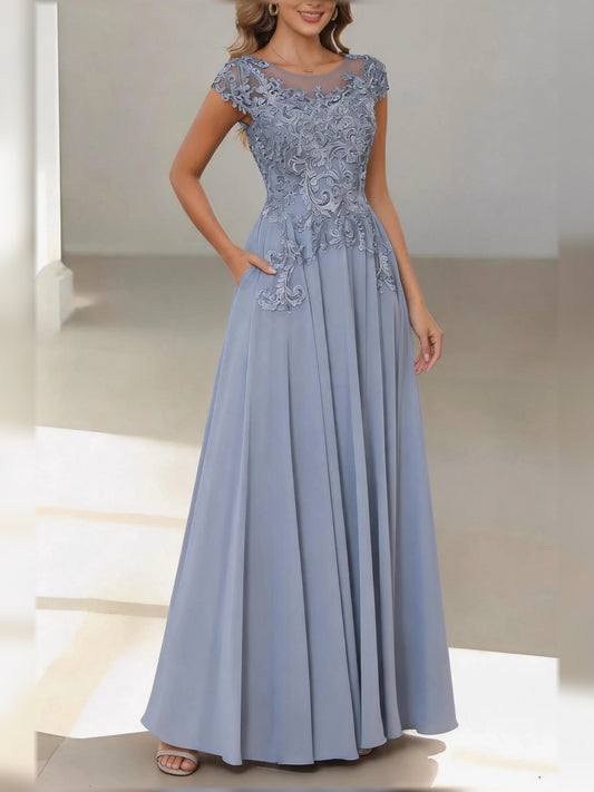 Dusty Blue floor-length mother of the bride dress, front view showing the a-line silhouette