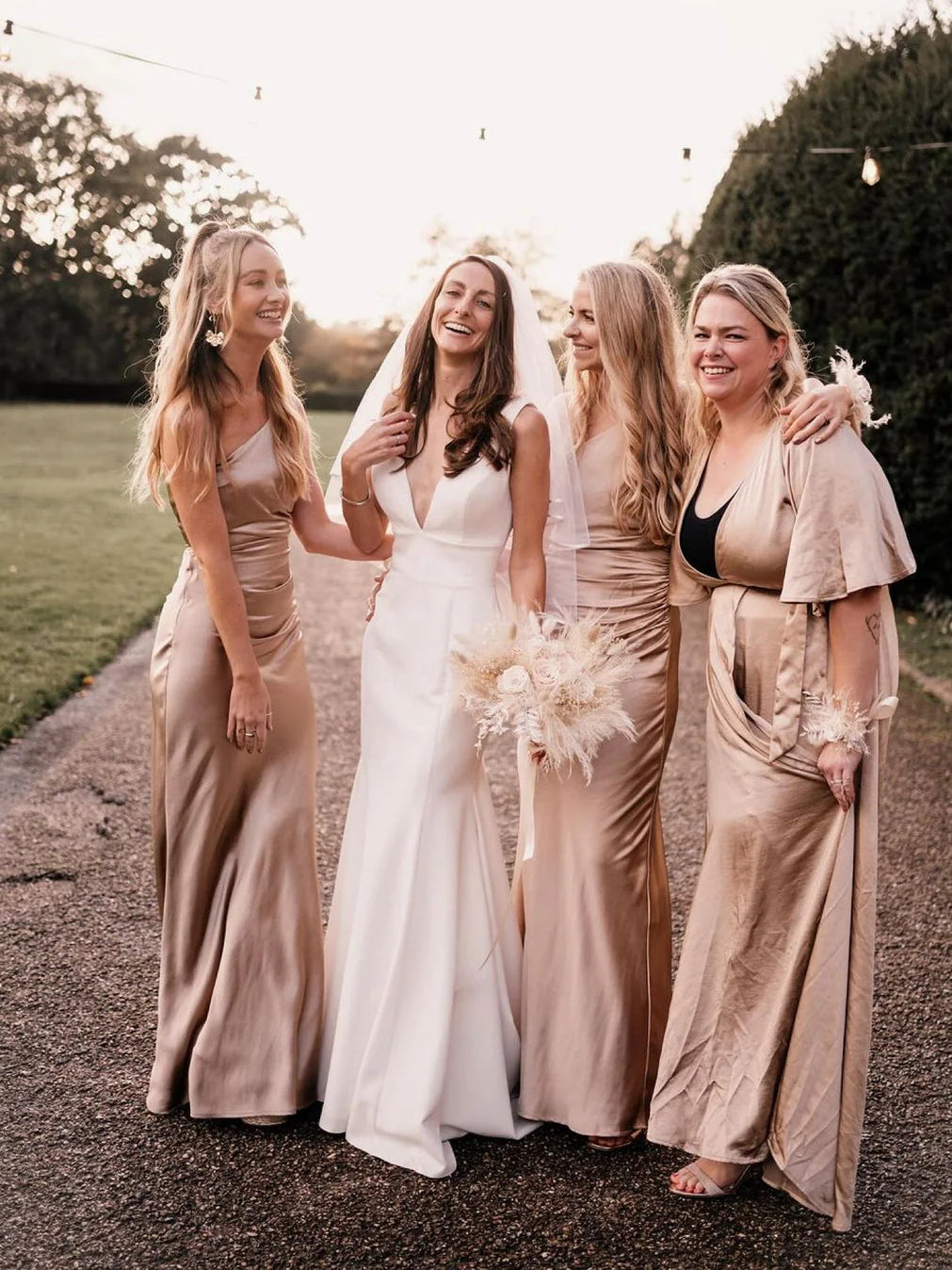 Dusty Rose floor-length bridesmaid dress, front view showing the wrap silhouette