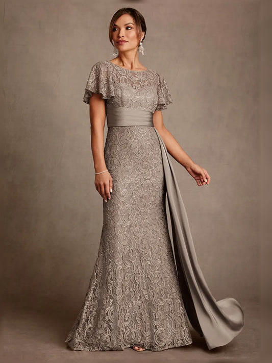 Taupe maxi mother of the bride dress, front view showing the mermaid silhouette