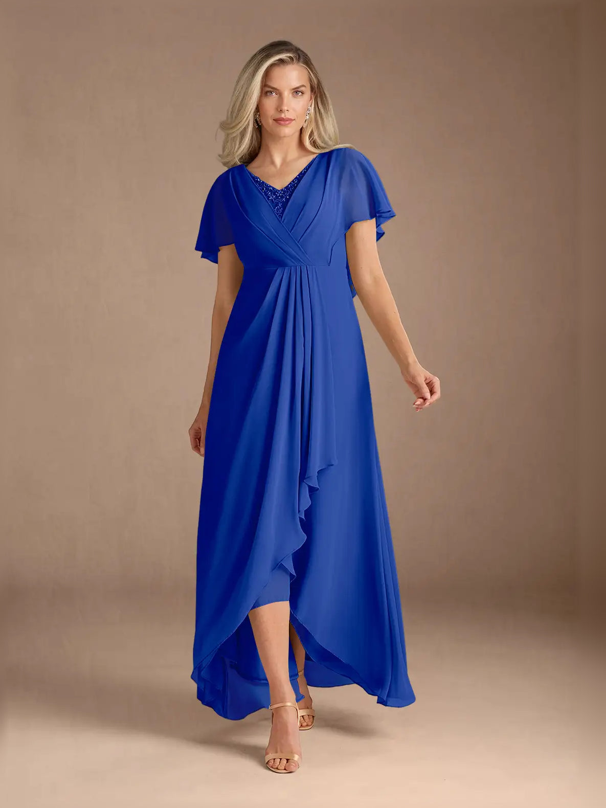 Royal Blue high-low mother of the bride dress, front view showing the a-line silhouette