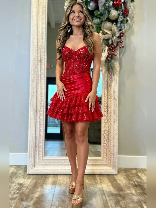 Red mini homecoming dress, alternate view showing the full-length silhouette