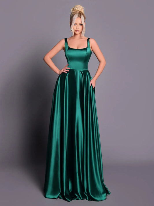 Green a-line floor-length formal dress with square neckline, full-length front view