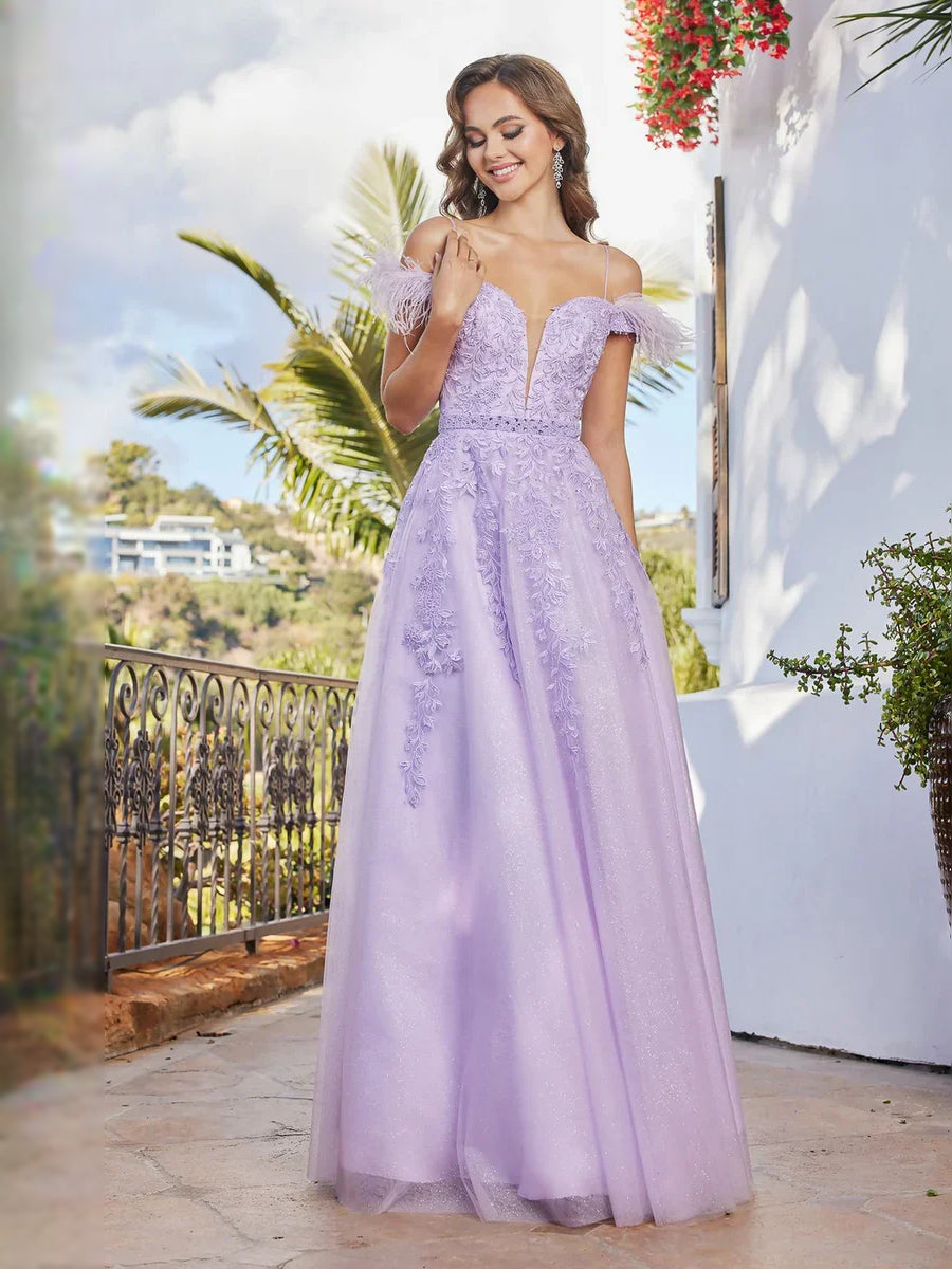 Lilac floor-length prom dress, front view showing the a-line silhouette