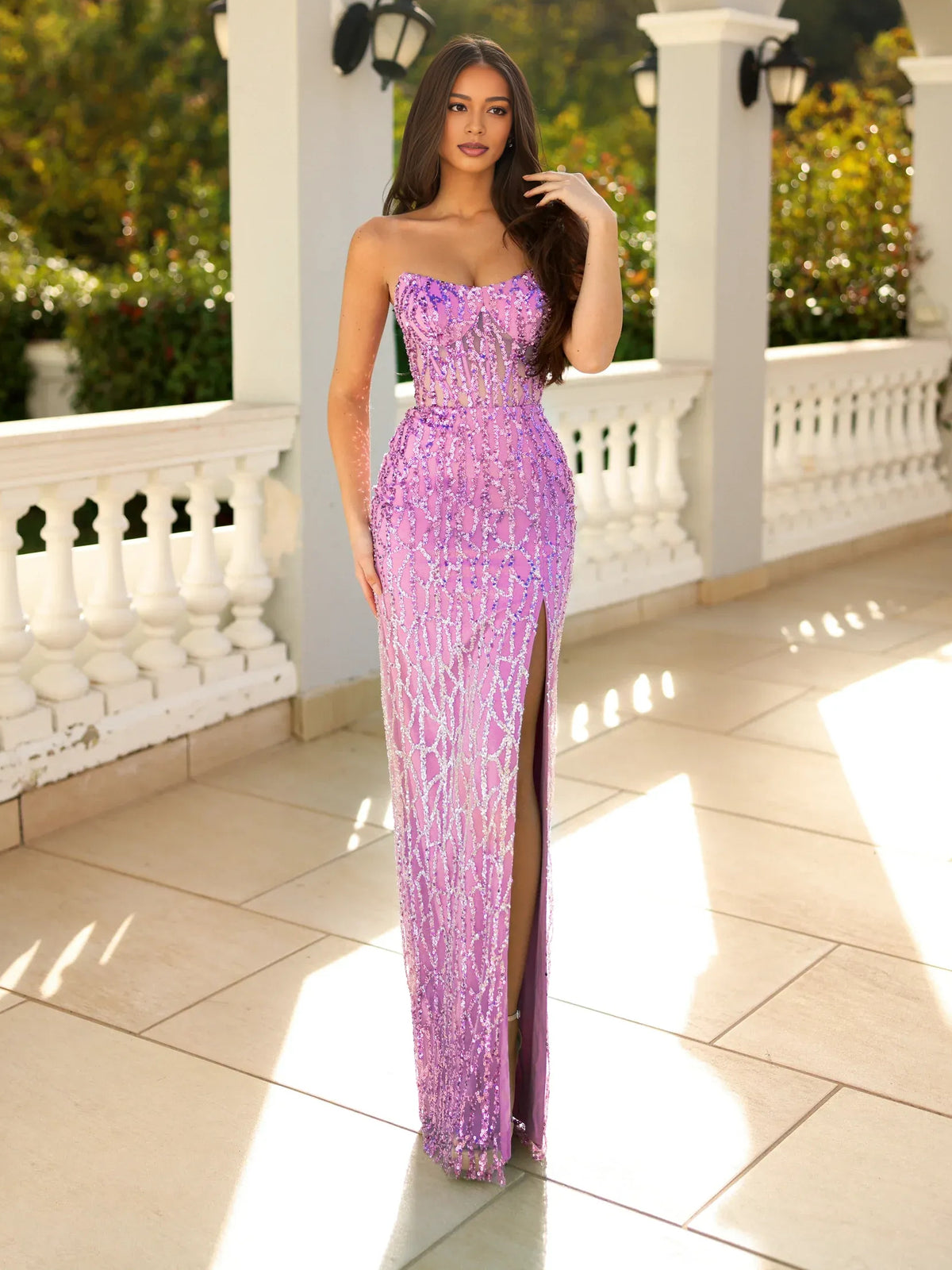 Lilac mermaid floor-length formal dress with strapless neckline, full-length front view