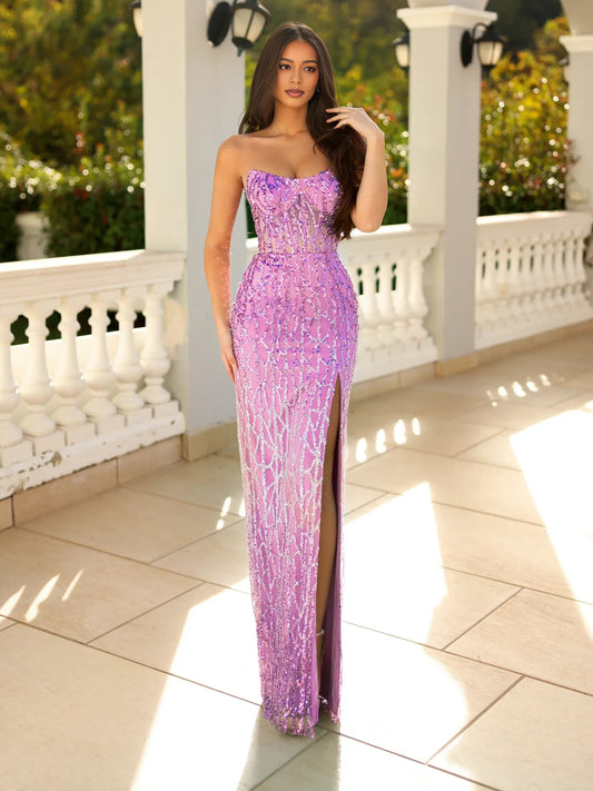 Lilac mermaid floor-length formal dress with strapless neckline, full-length front view