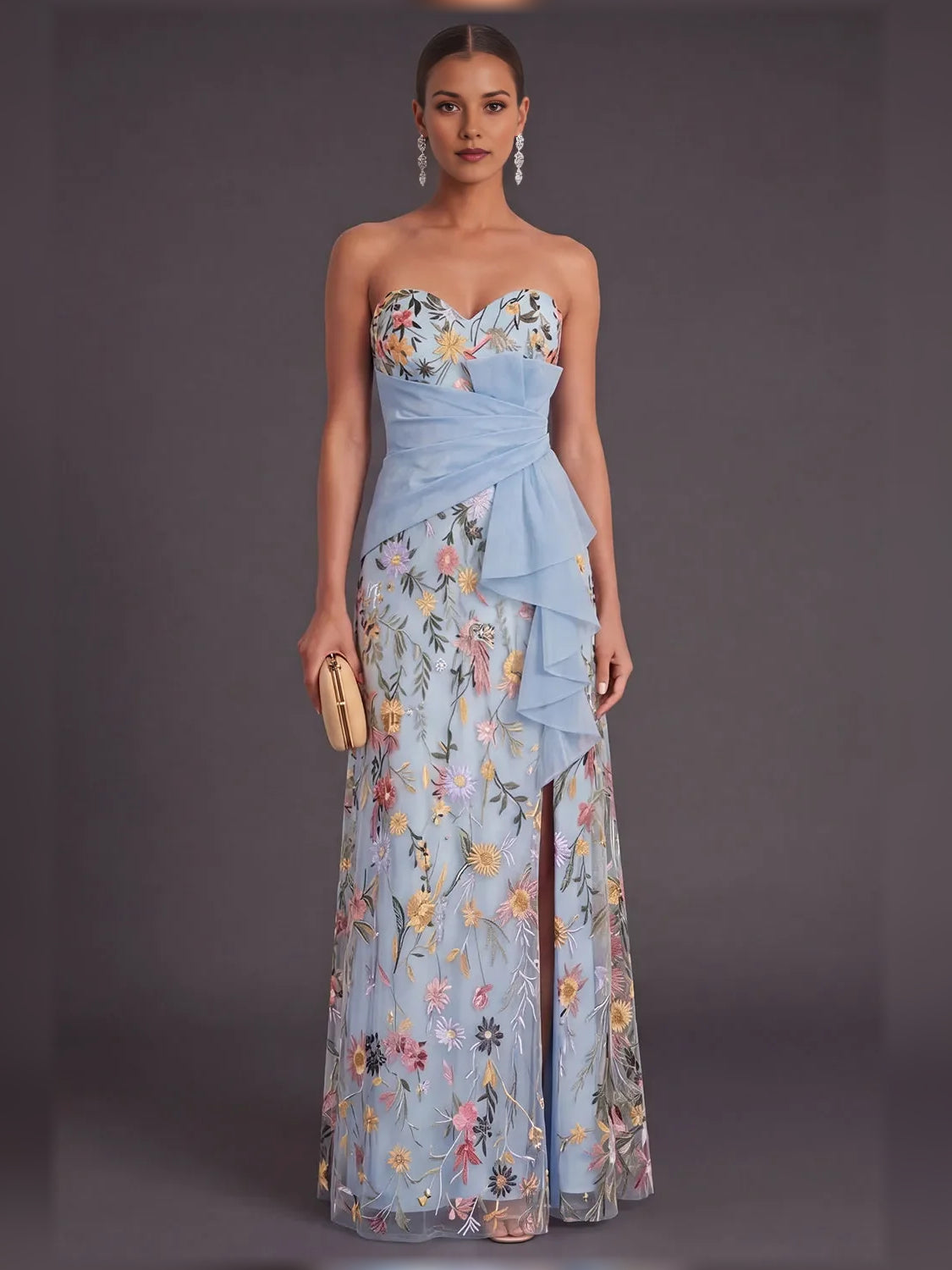Blue column floor-length formal dress with sweetheart neckline, full-length front view