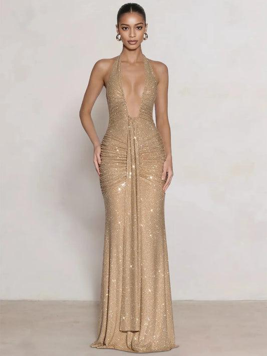 Gold midi formal dress with halter neckline, full-length front view