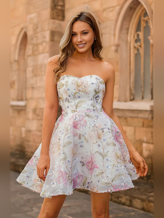 Pink mini homecoming dress, alternate view showing the full-length silhouette