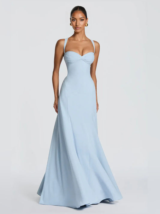 Light Blue a-line floor-length formal dress with sweetheart neckline, full-length front view