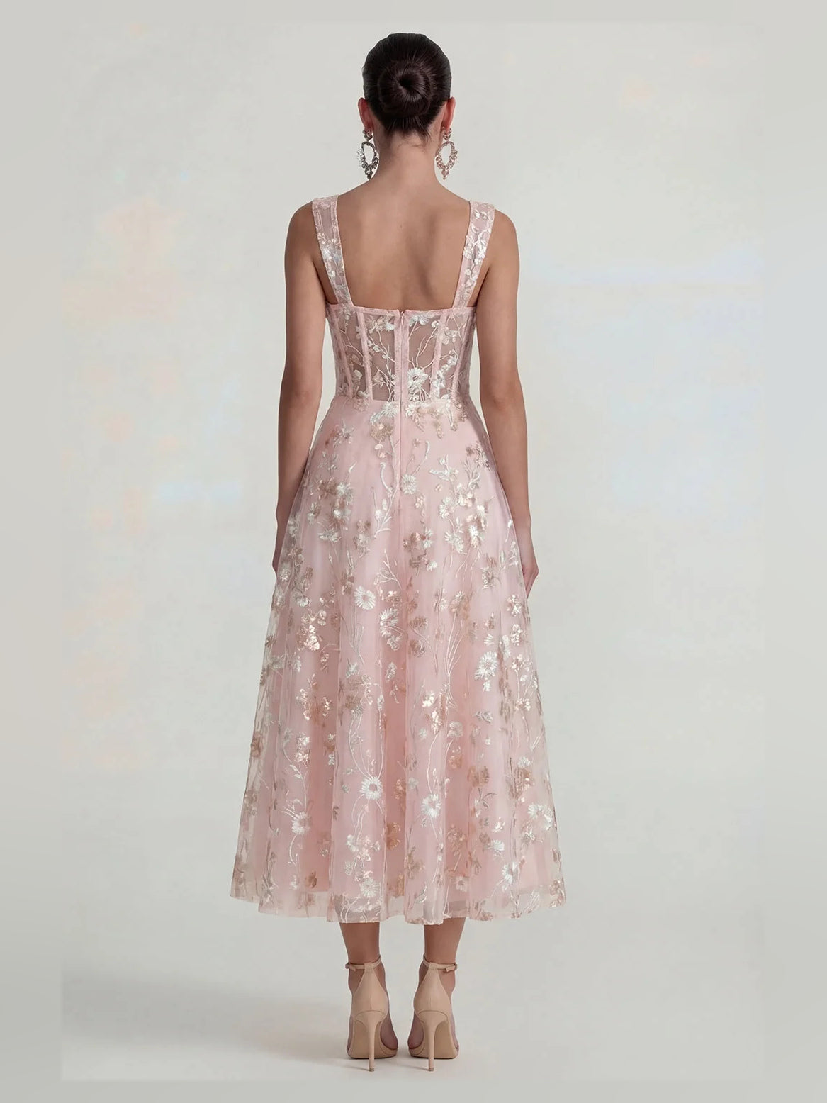 Blush Pink midi prom dress, front view showing the a-line silhouette