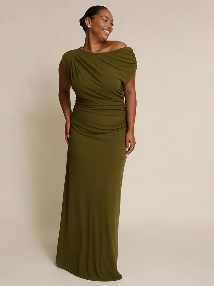 Olive Green maxi bridesmaid dress, front view showing the sheath silhouette