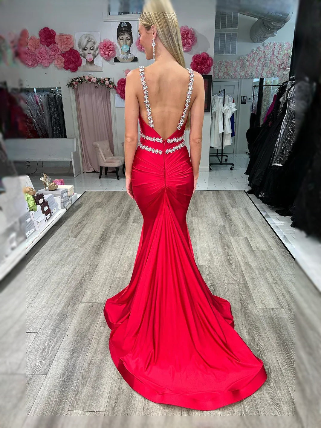 Red maxi prom dress, front view showing the mermaid silhouette