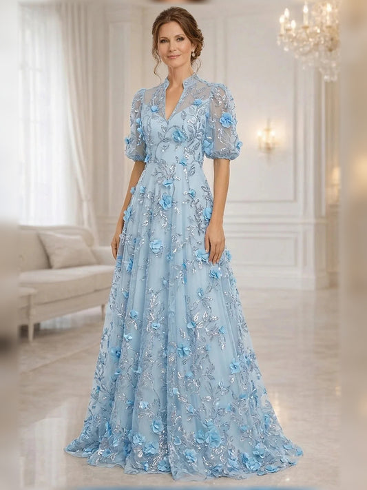 Light Blue floor-length mother of the bride dress, front view showing the a-line silhouette