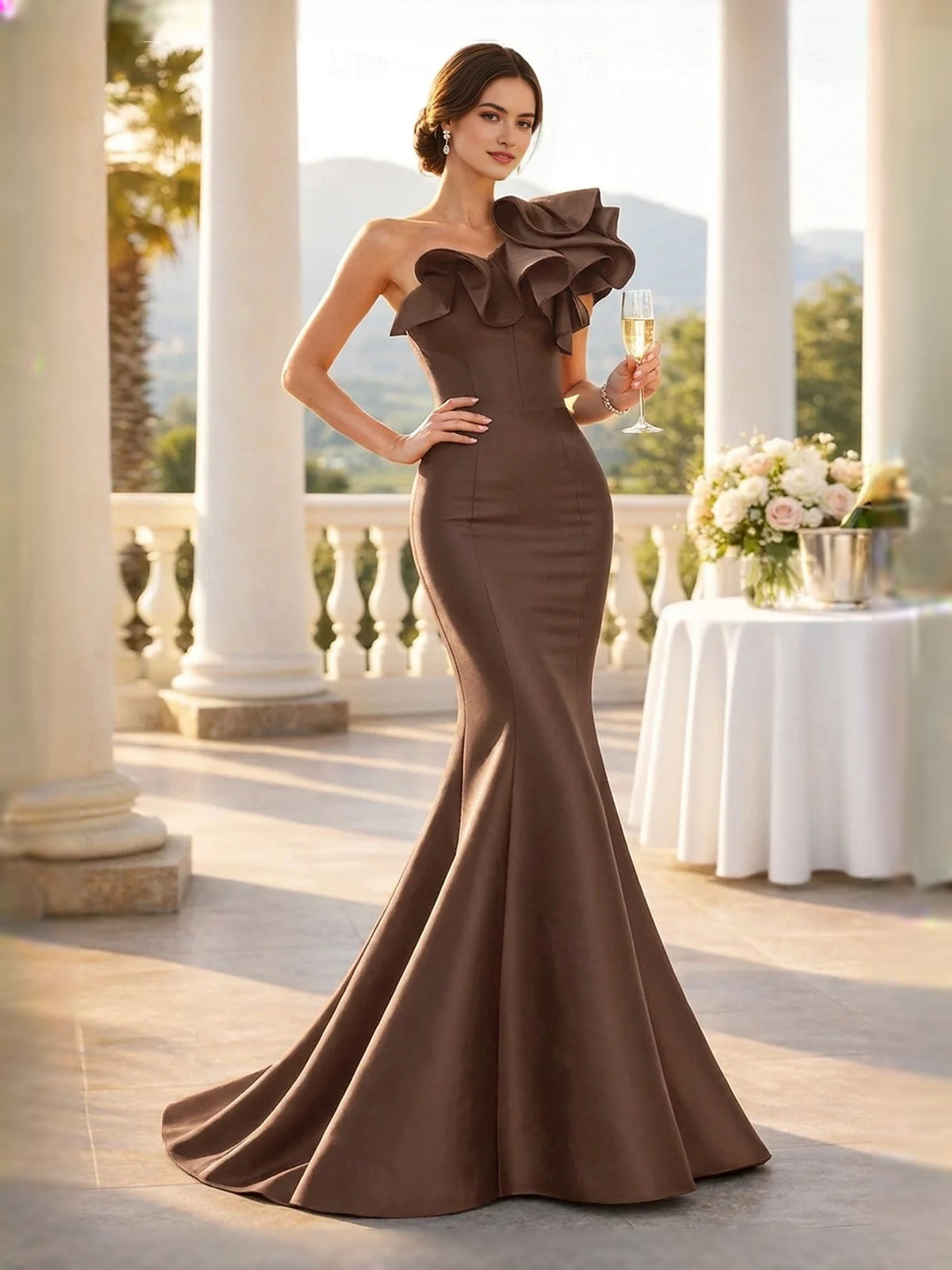 Brown midi prom dress, front view showing the mermaid silhouette
