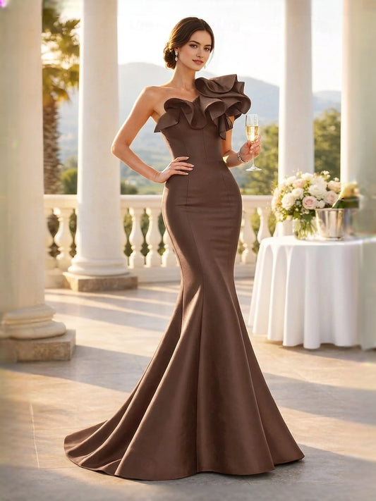 Brown midi prom dress, front view showing the mermaid silhouette