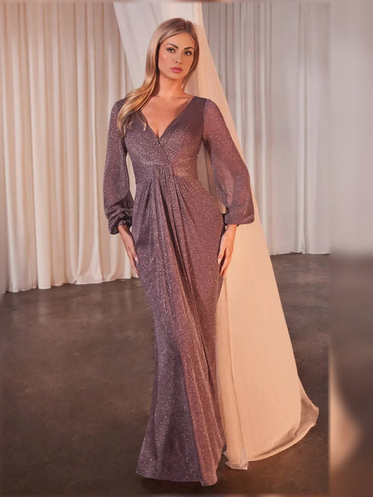 Mauve sheath floor-length formal dress with V-neckline, full-length front view