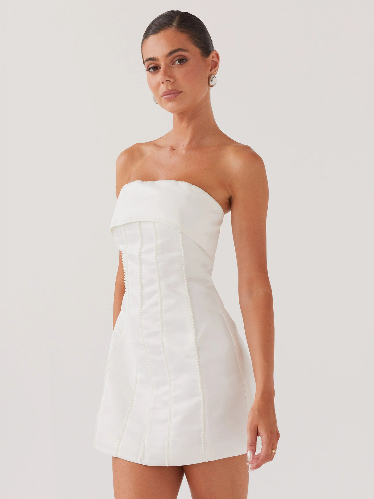 Pearl mini homecoming dress, front view showing the silhouette