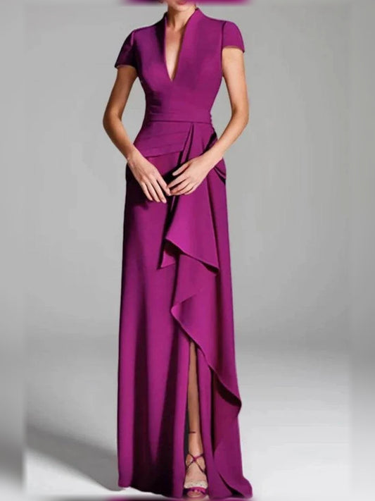 Magenta short mother of the bride dress, front view showing the mermaid silhouette