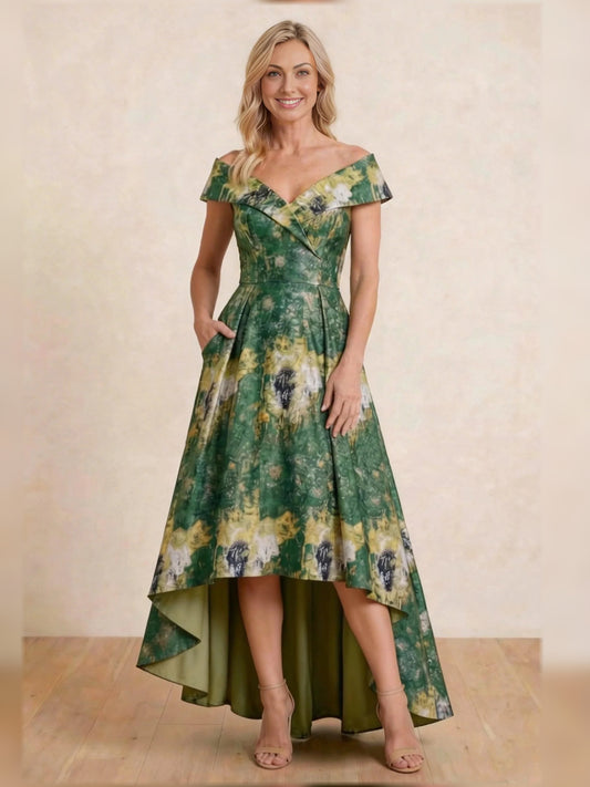 Green high-low mother of the bride dress, front view showing the a-line silhouette