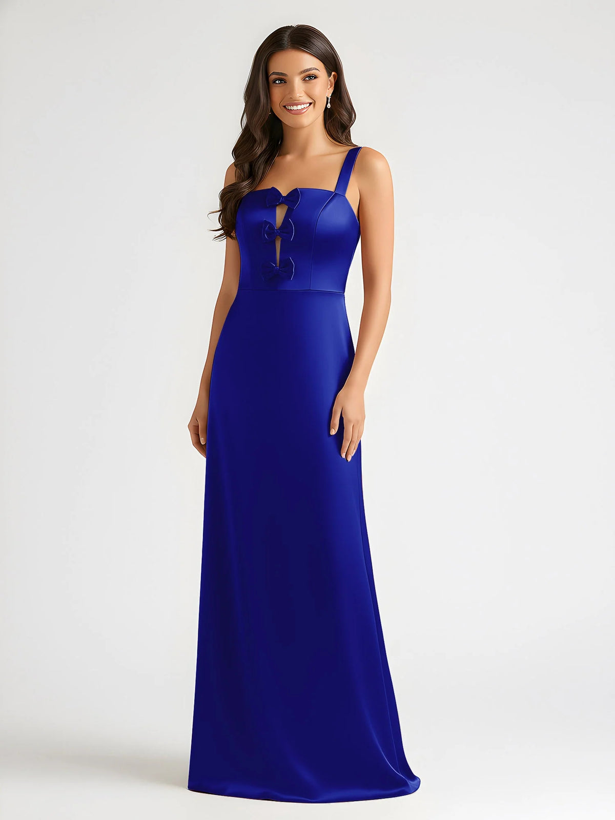 Royal Blue maxi prom dress, front view showing the a-line silhouette