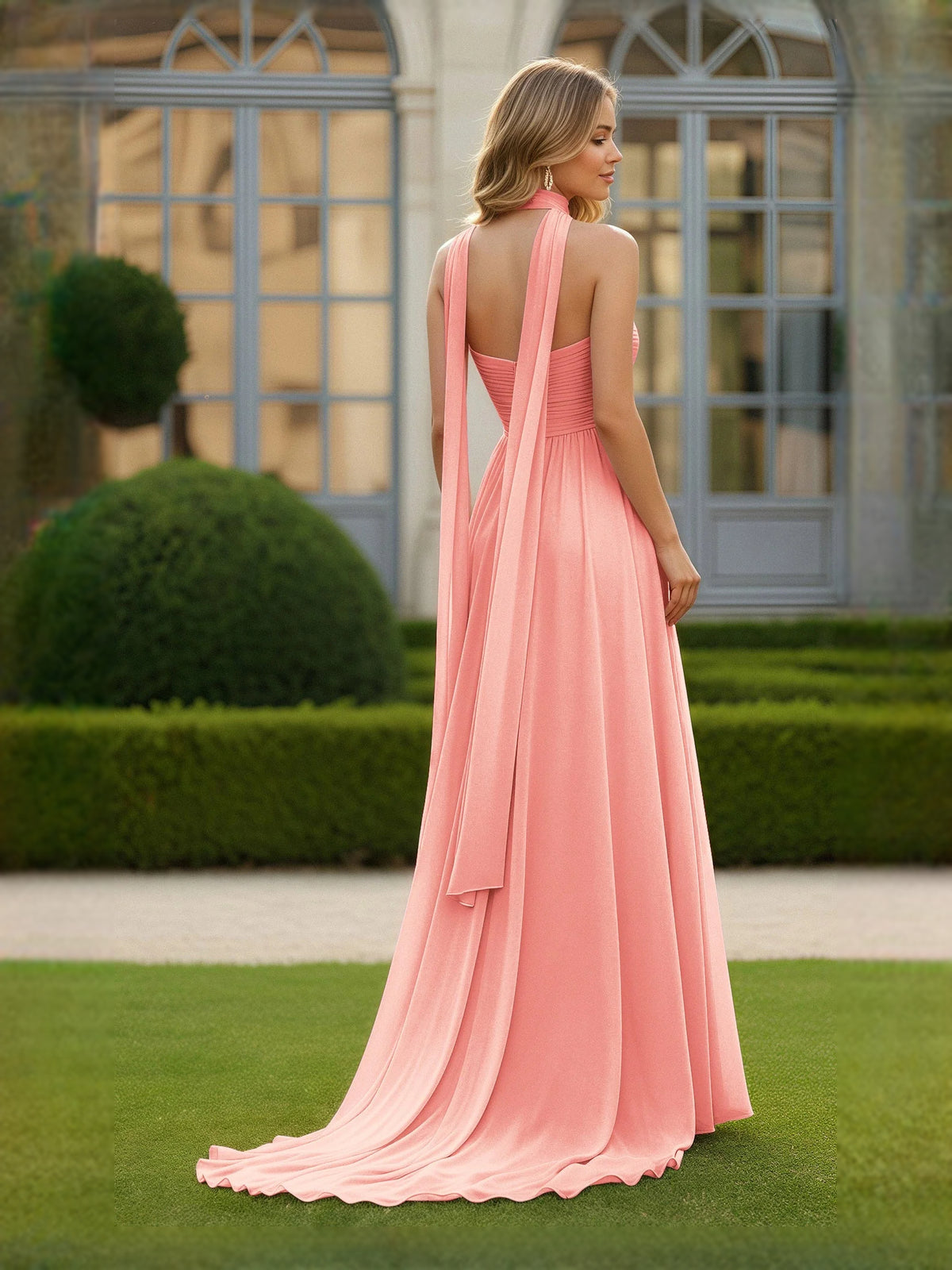 Coral maxi prom dress, front view showing the a-line silhouette