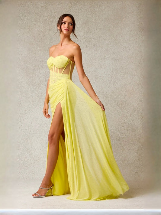 Yellow maxi prom dress, front view showing the a-line silhouette