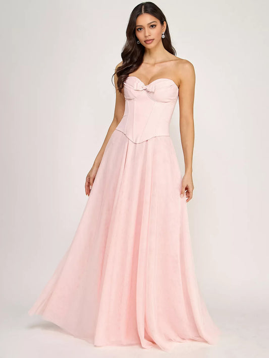 Blush Pink floor-length prom dress, front view showing the a-line silhouette