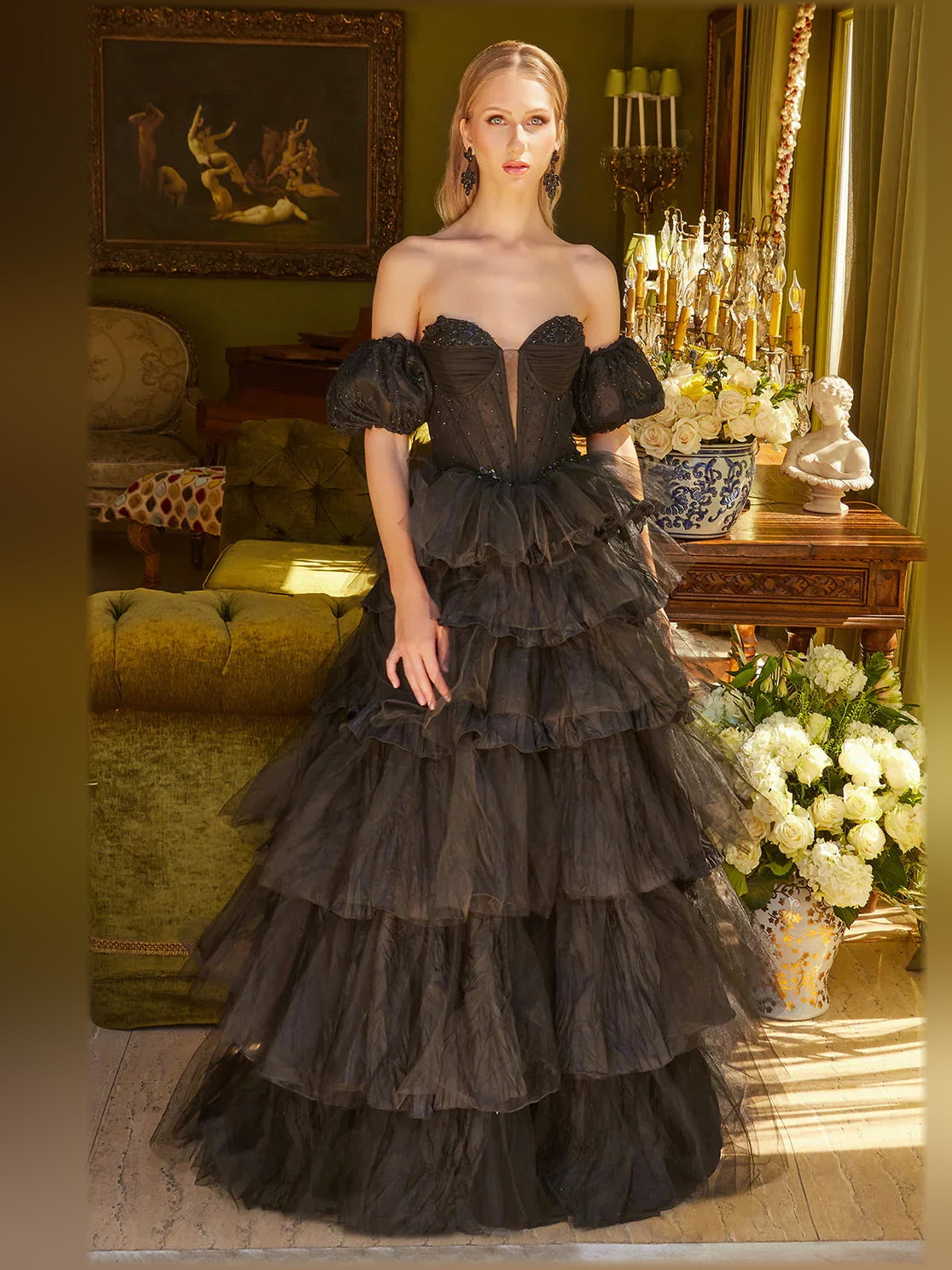 Black floor-length formal dress with off-the-shoulder neckline, full-length front view