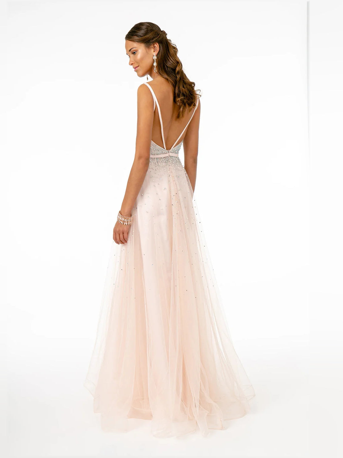 Mauve floor-length prom dress, front view showing the a-line silhouette