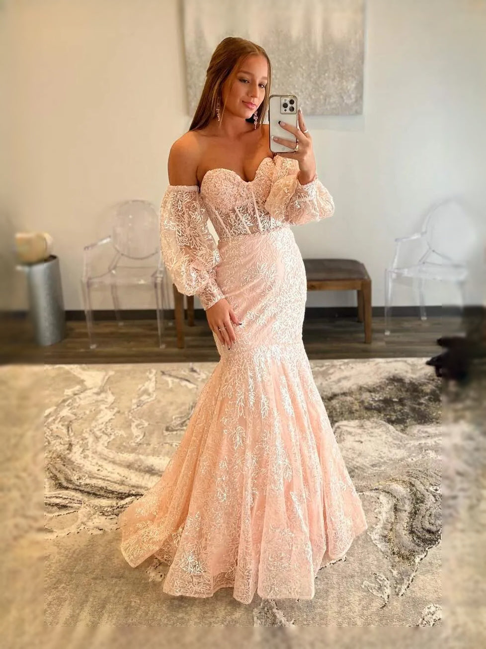 Blush Pink maxi prom dress, front view showing the mermaid silhouette
