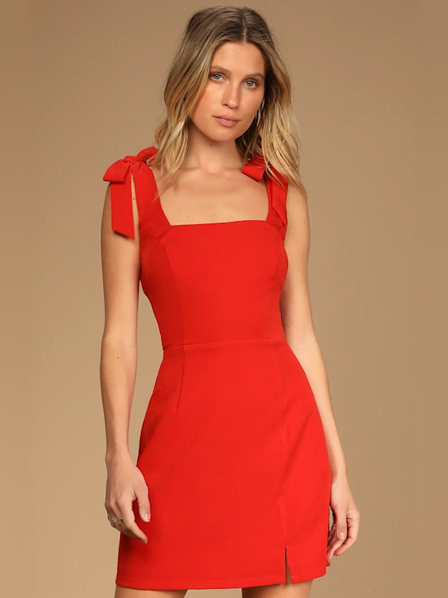 Red mini homecoming dress, front view showing the silhouette