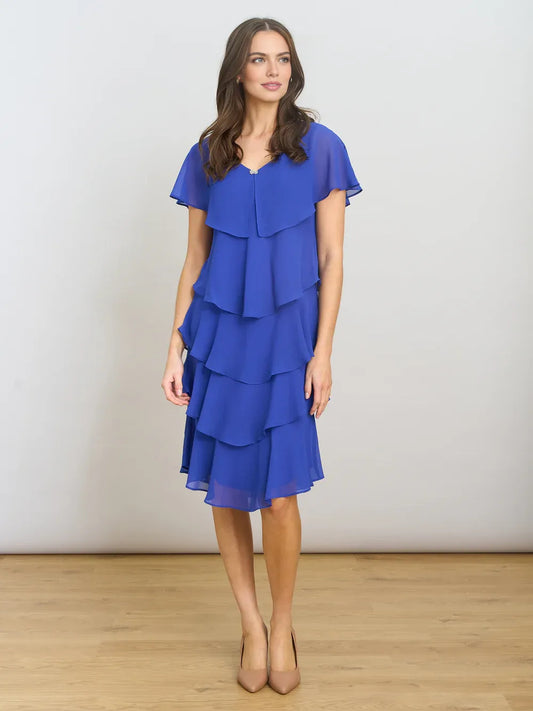Cobalt Blue knee-length mother of the bride dress, front view showing the a-line silhouette