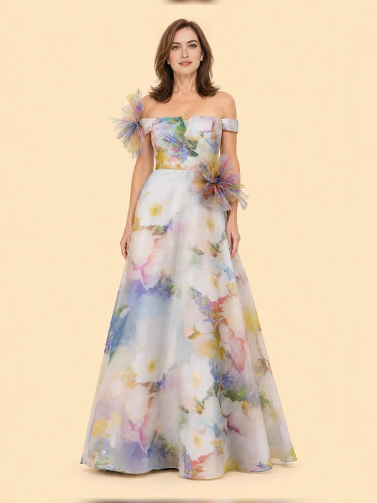 Ivory white maxi mother of the bride dress, front view showing the a-line silhouette