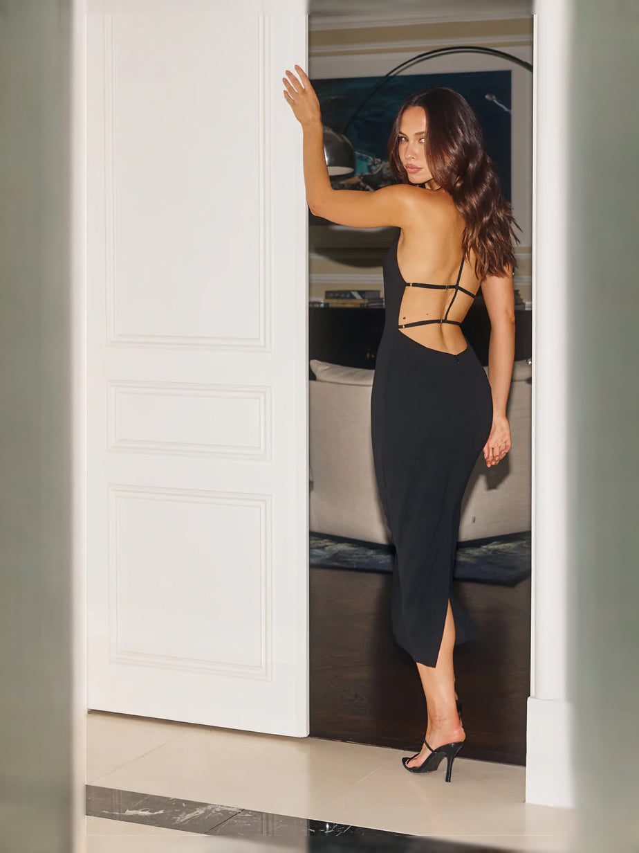Black midi formal dress, full-length front view