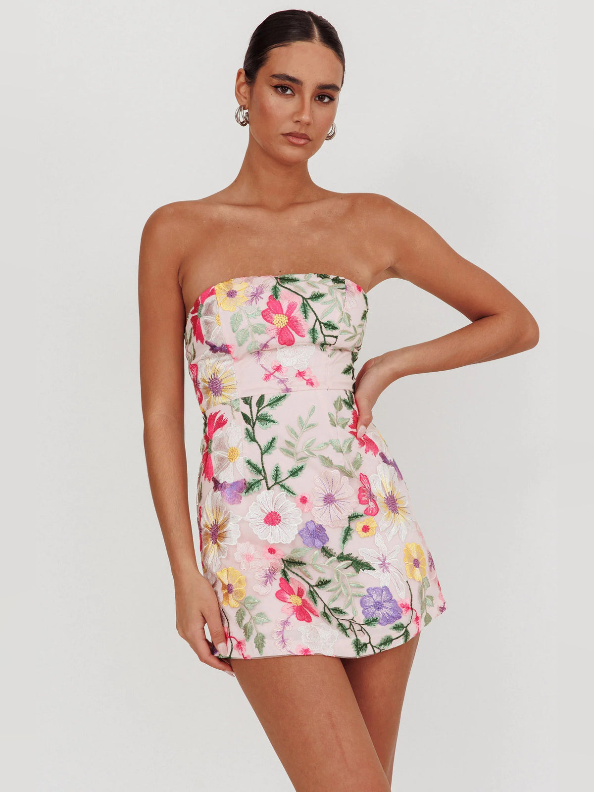 Multi mini homecoming dress, front view showing the silhouette
