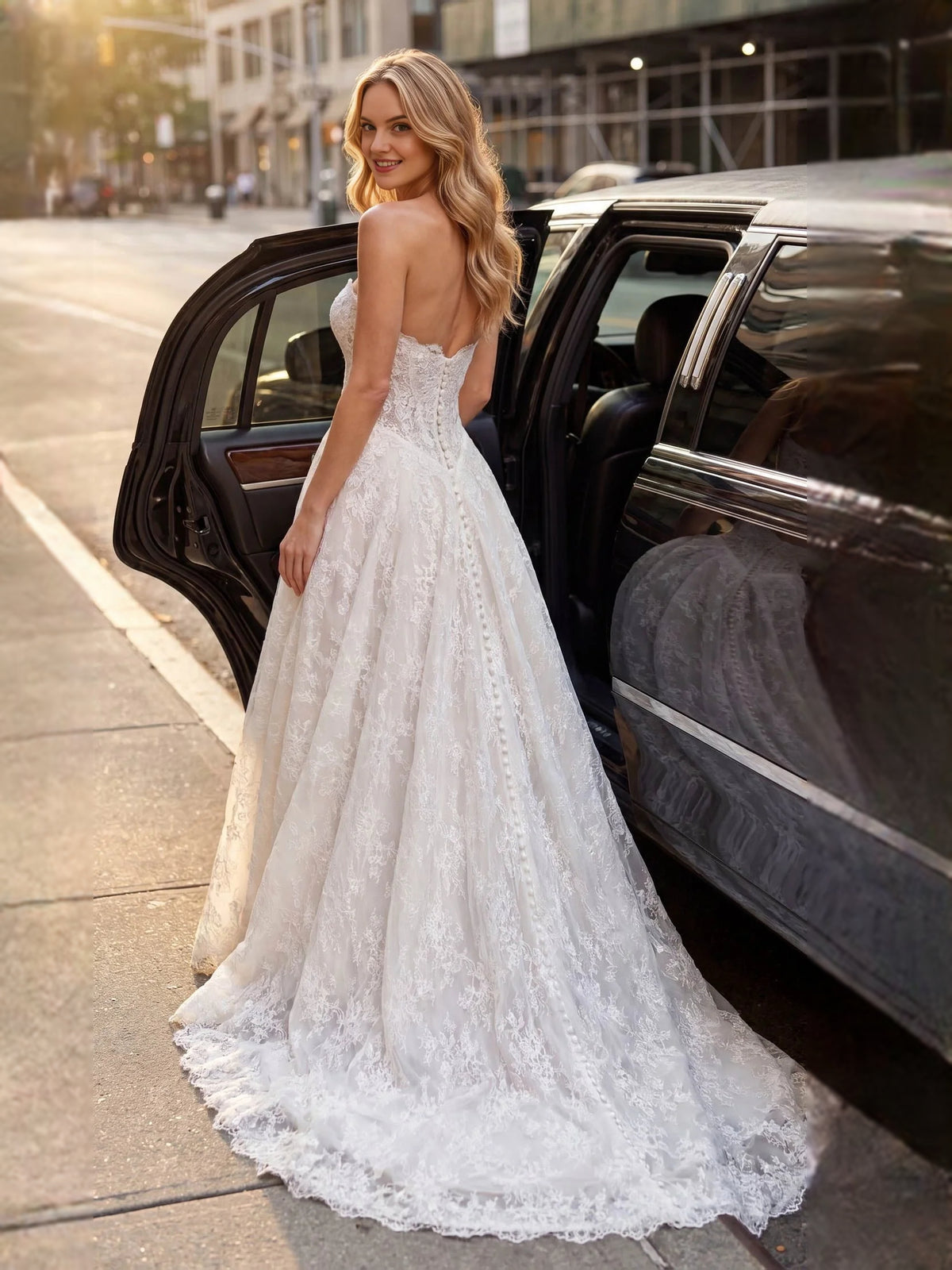 Ivory floor-length wedding dress, front view showing the a-line silhouette
