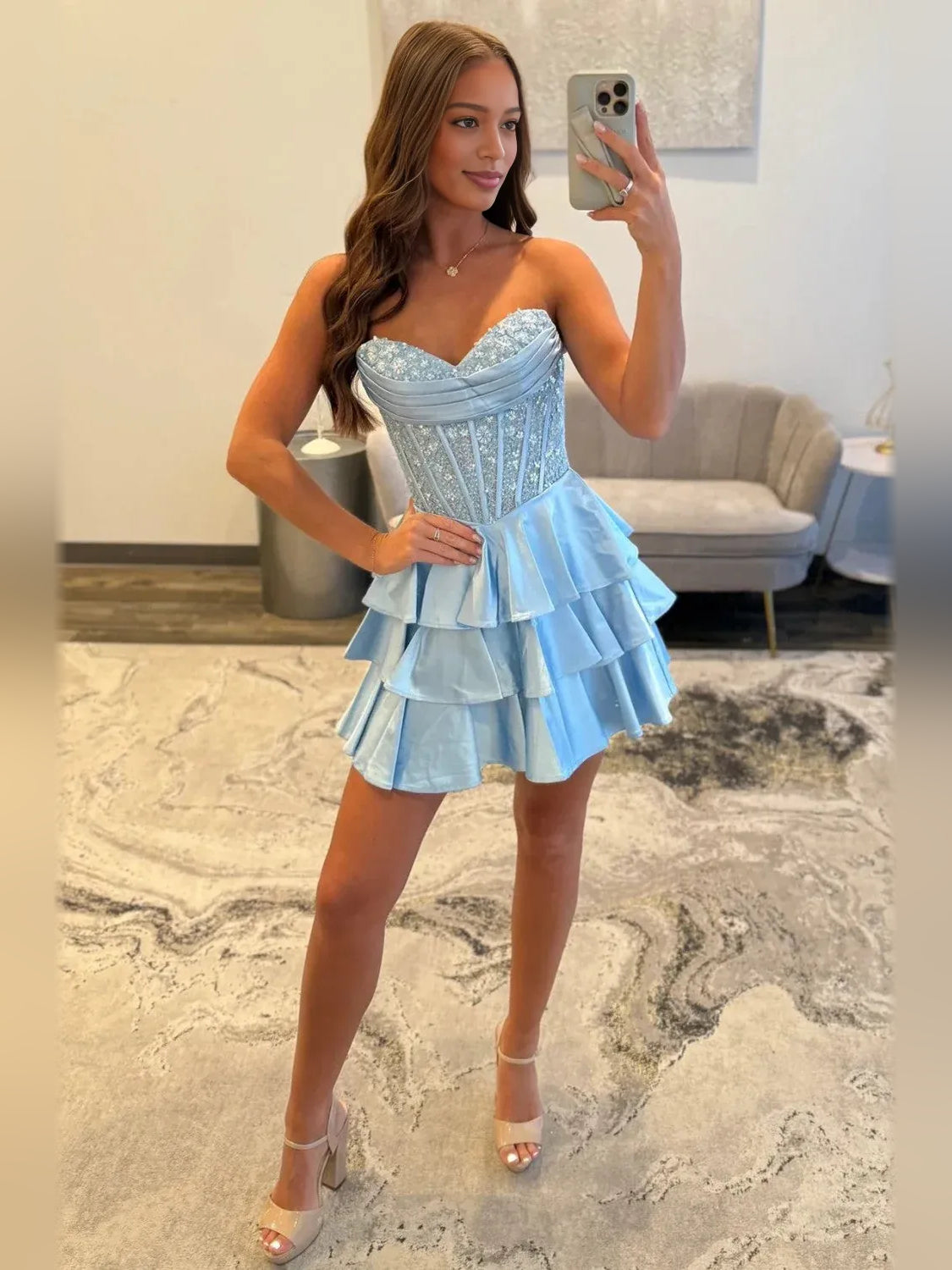 Light Blue mini homecoming dress, alternate view showing the full-length silhouette