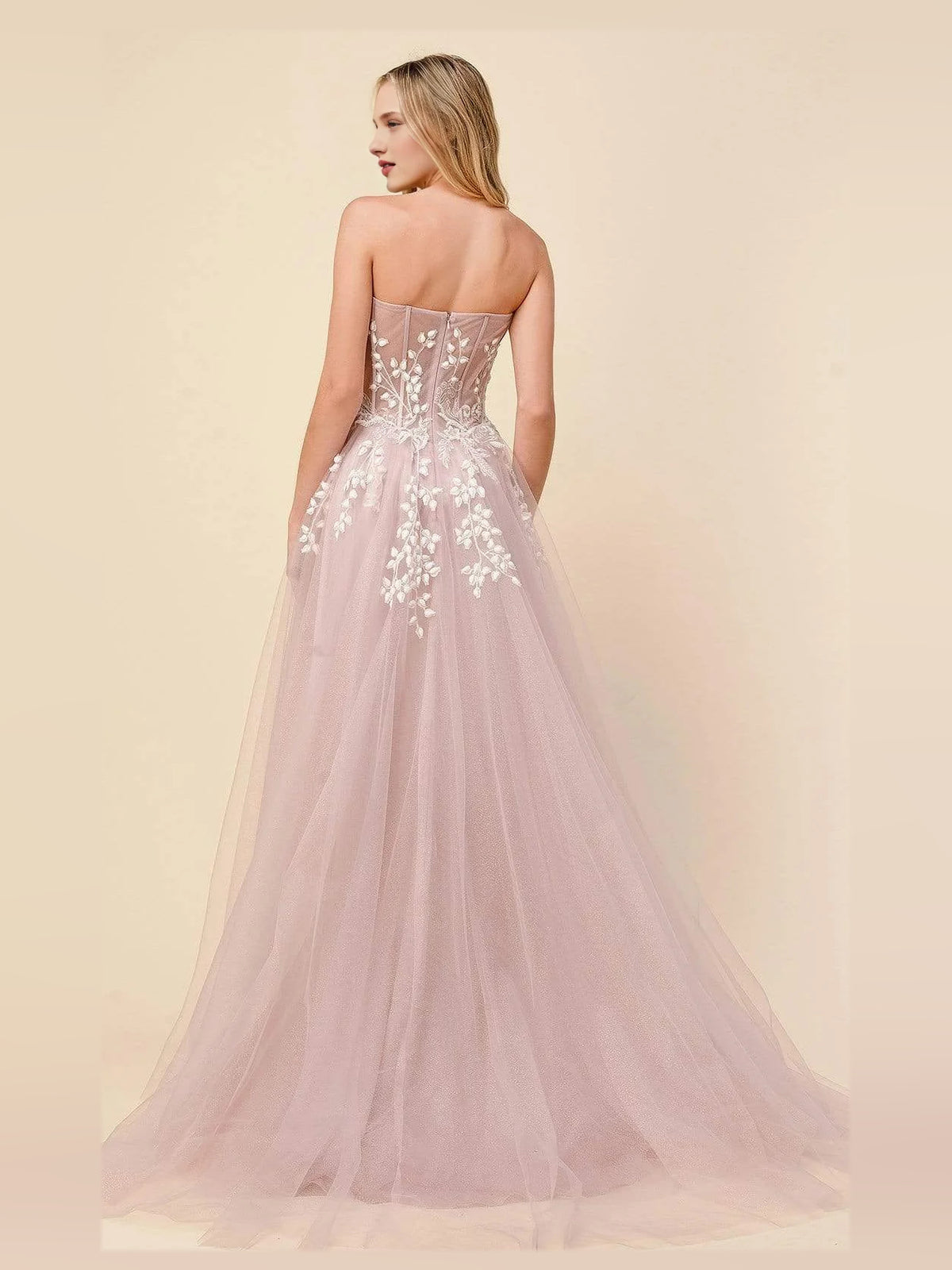 Dusty Rose floor-length prom dress, front view showing the a-line silhouette