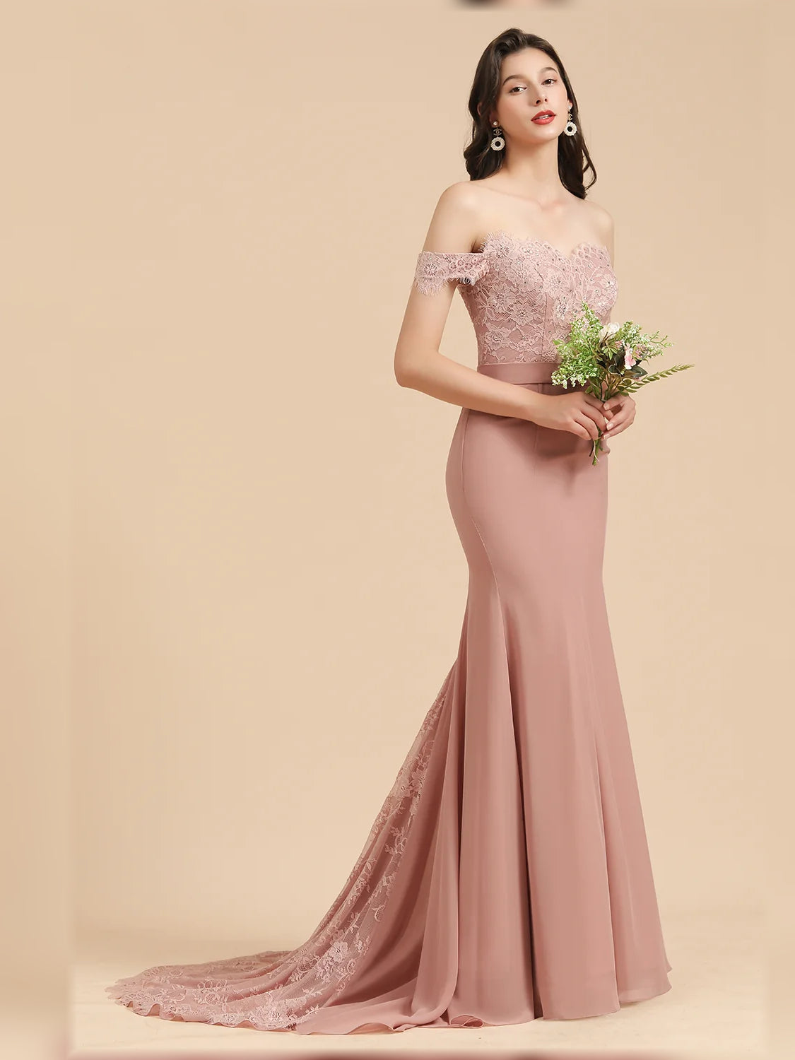 Dusty Rose floor-length bridesmaid dress, front view showing the mermaid silhouette