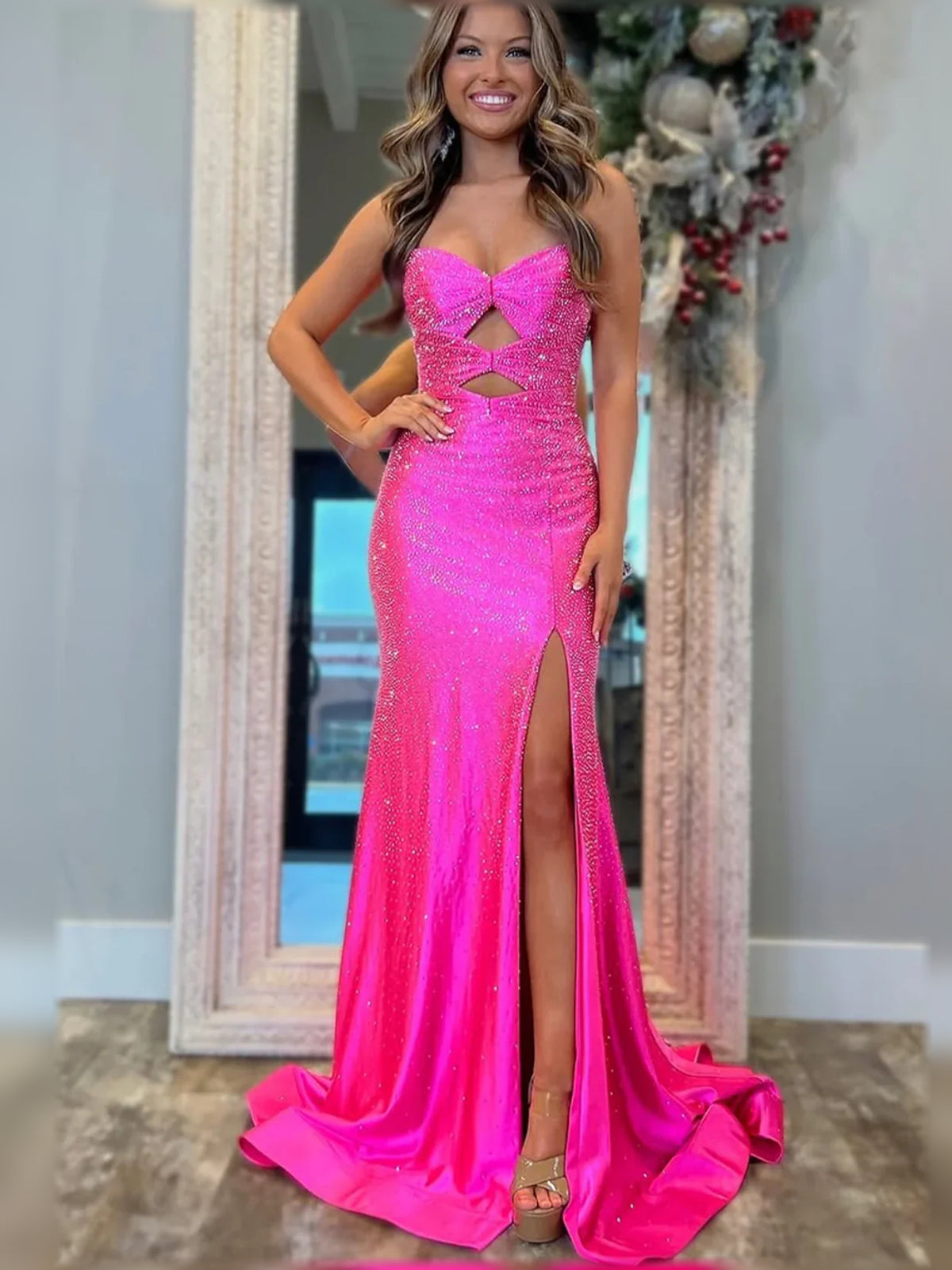 Hot Pink mermaid floor-length formal dress with sweetheart neckline, full-length front view