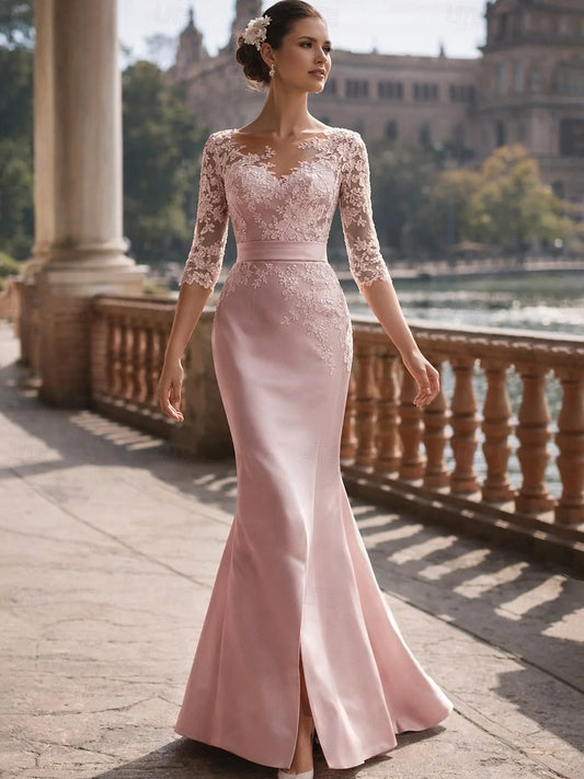 Pink floor-length mother of the bride dress, front view showing the mermaid silhouette