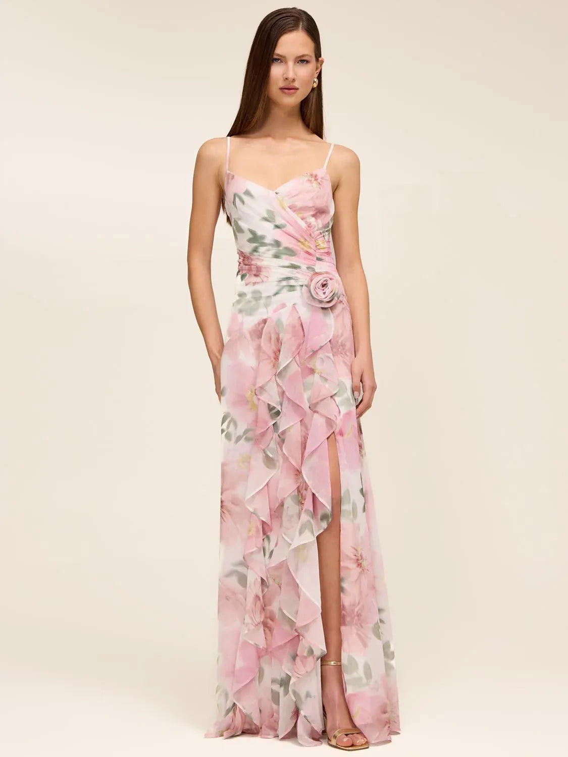 Floral sheath floor-length formal dress with square neckline, full-length front view