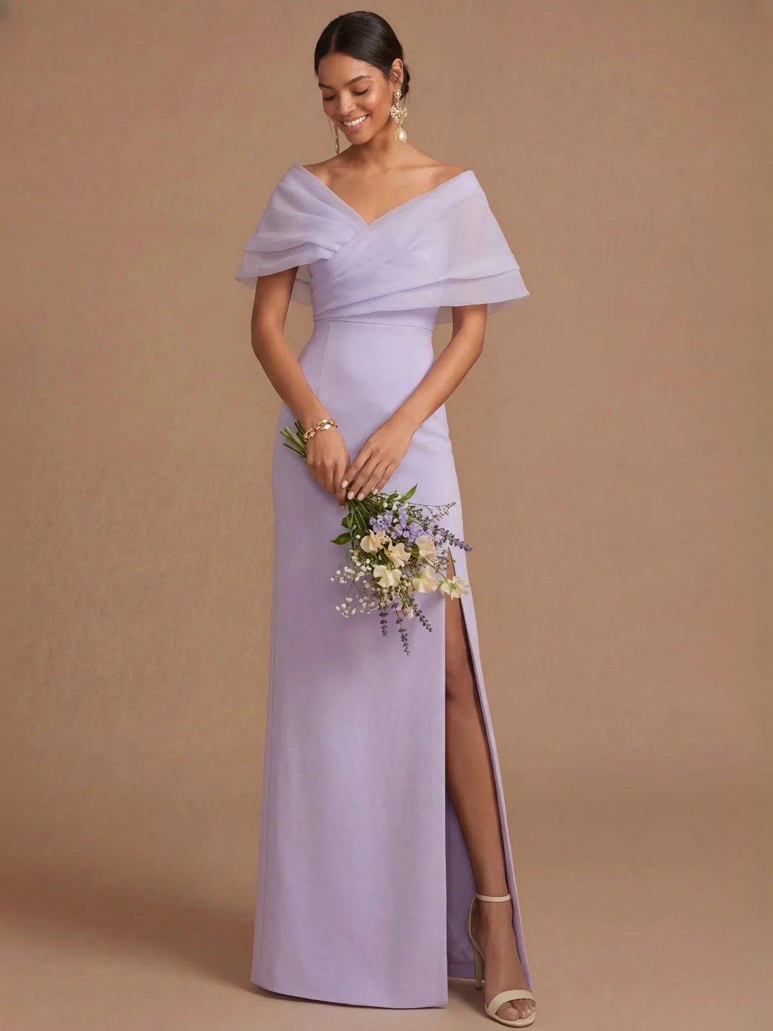 Lilac maxi bridesmaid dress, front view showing the sheath silhouette