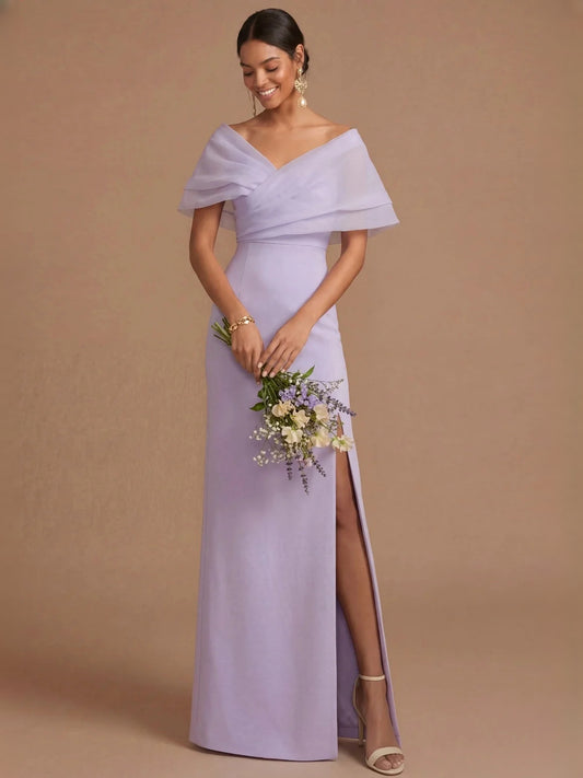 Lilac maxi bridesmaid dress, front view showing the sheath silhouette